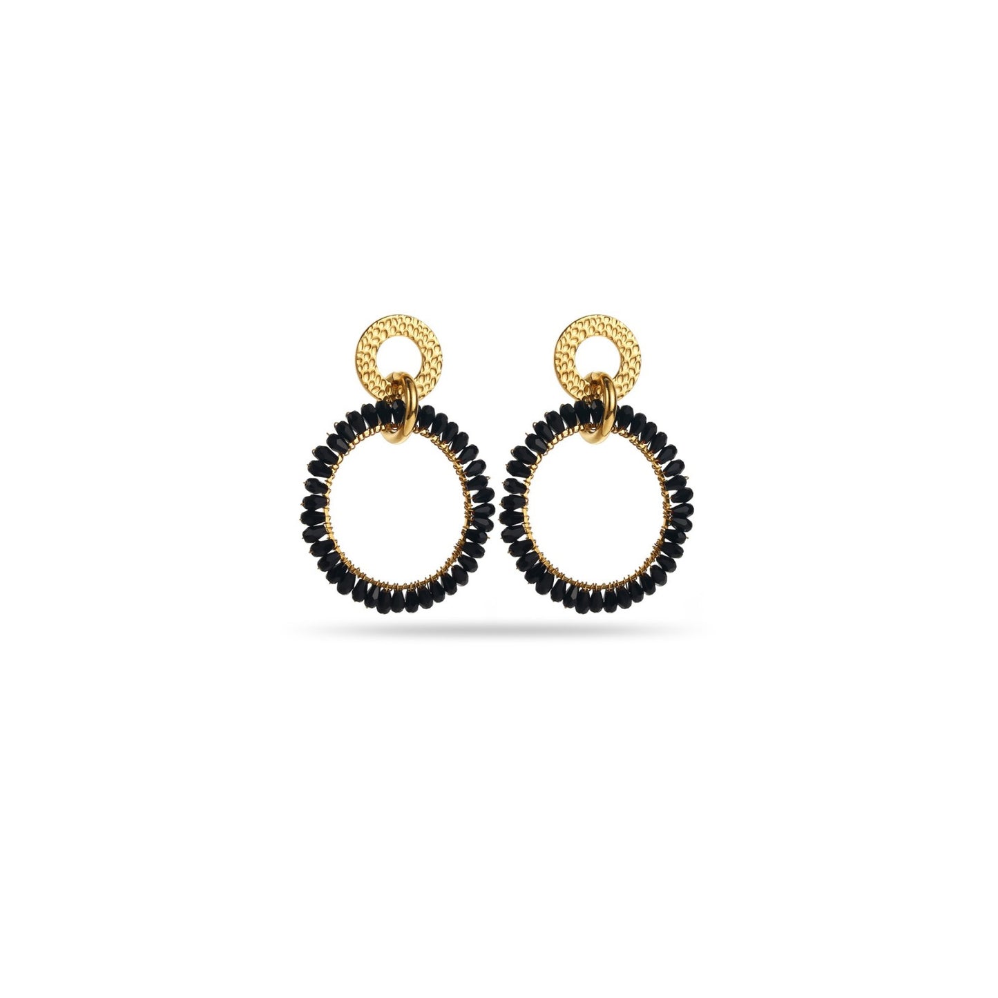 Boucles d'oreilles - Anneaux doubles - Cristal de verre & acier inoxidable - Noir & doré