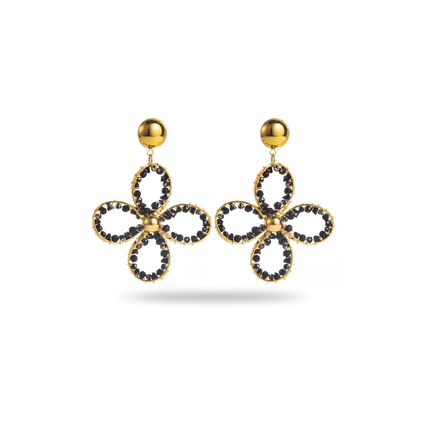 Boucle d'oreilles - Fleur - Perles & acier inoxidable - Noir & doré