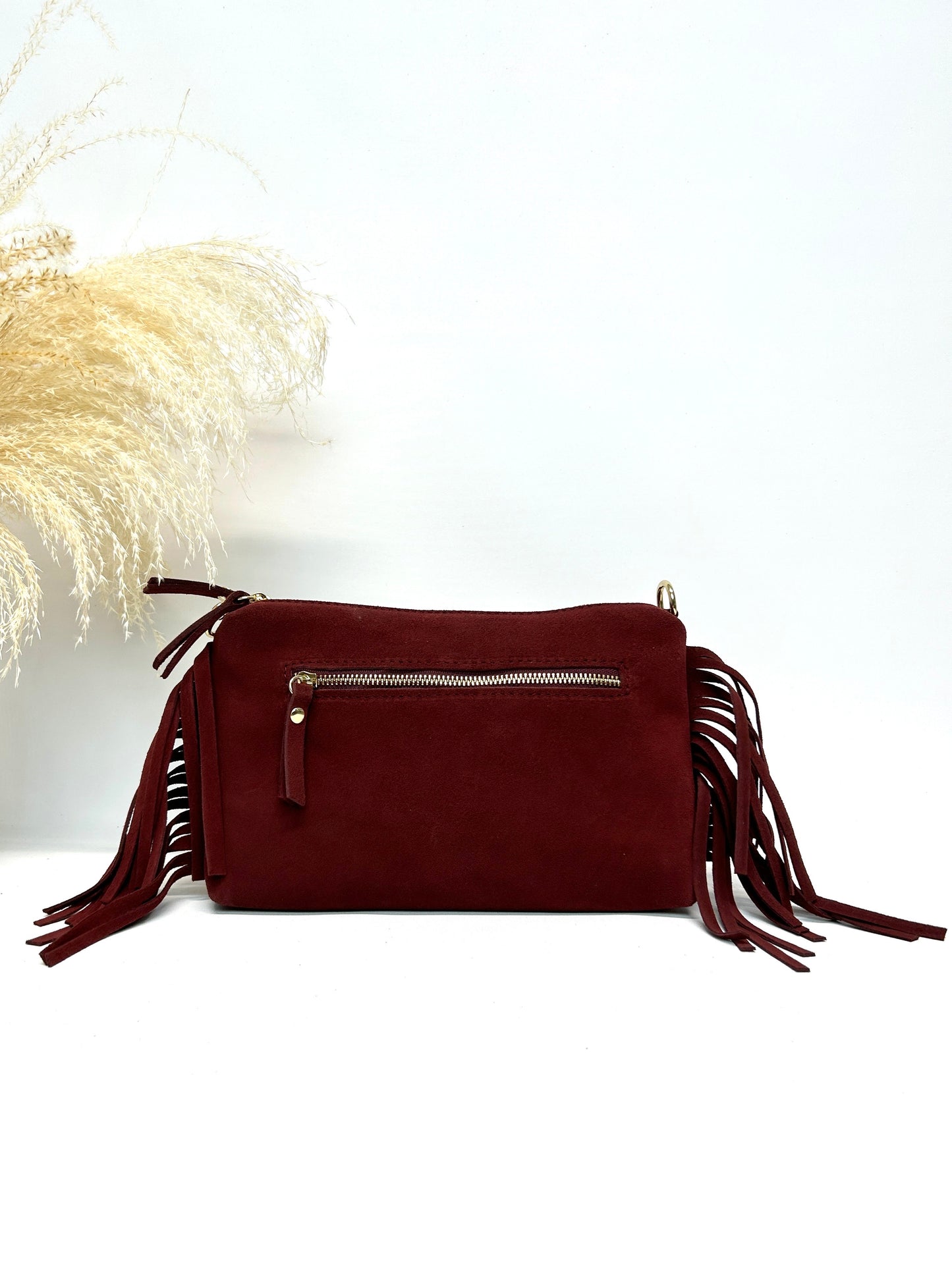 Sac bandoulière à franges daim italien - bordeaux