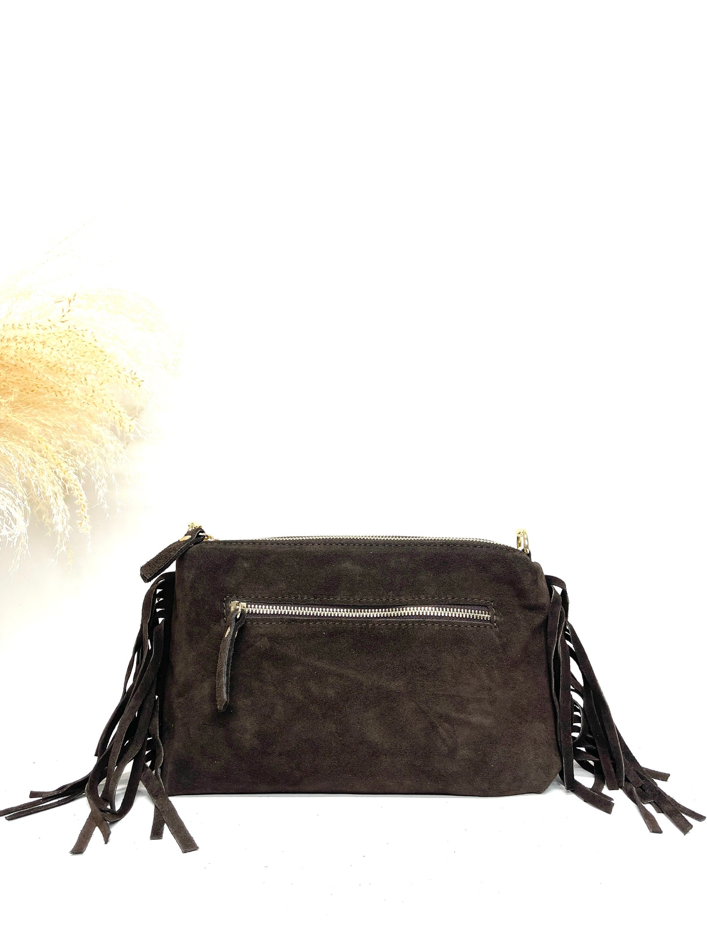 Sac bandoulière à franges daim italien - marron