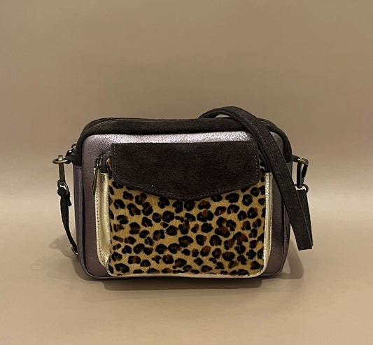 Sac bandoulière café/choco léopard, cuir italien