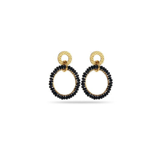 Boucles d'oreilles - Anneaux doubles - Cristal de verre & acier inoxidable - Noir & doré