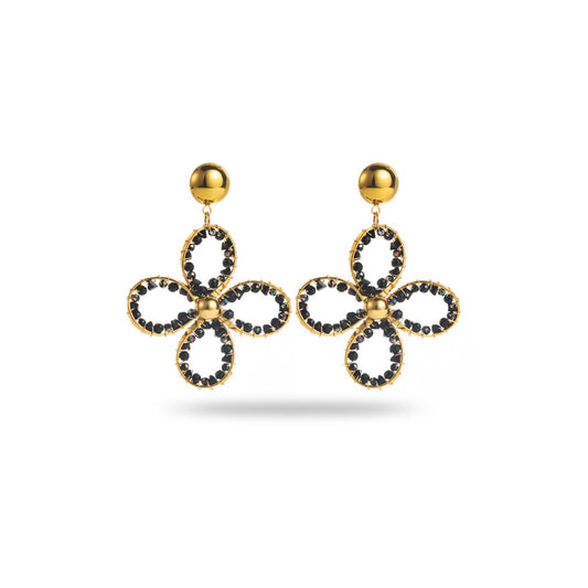 Boucle d'oreilles - Fleur - Perles & acier inoxidable - Noir & doré