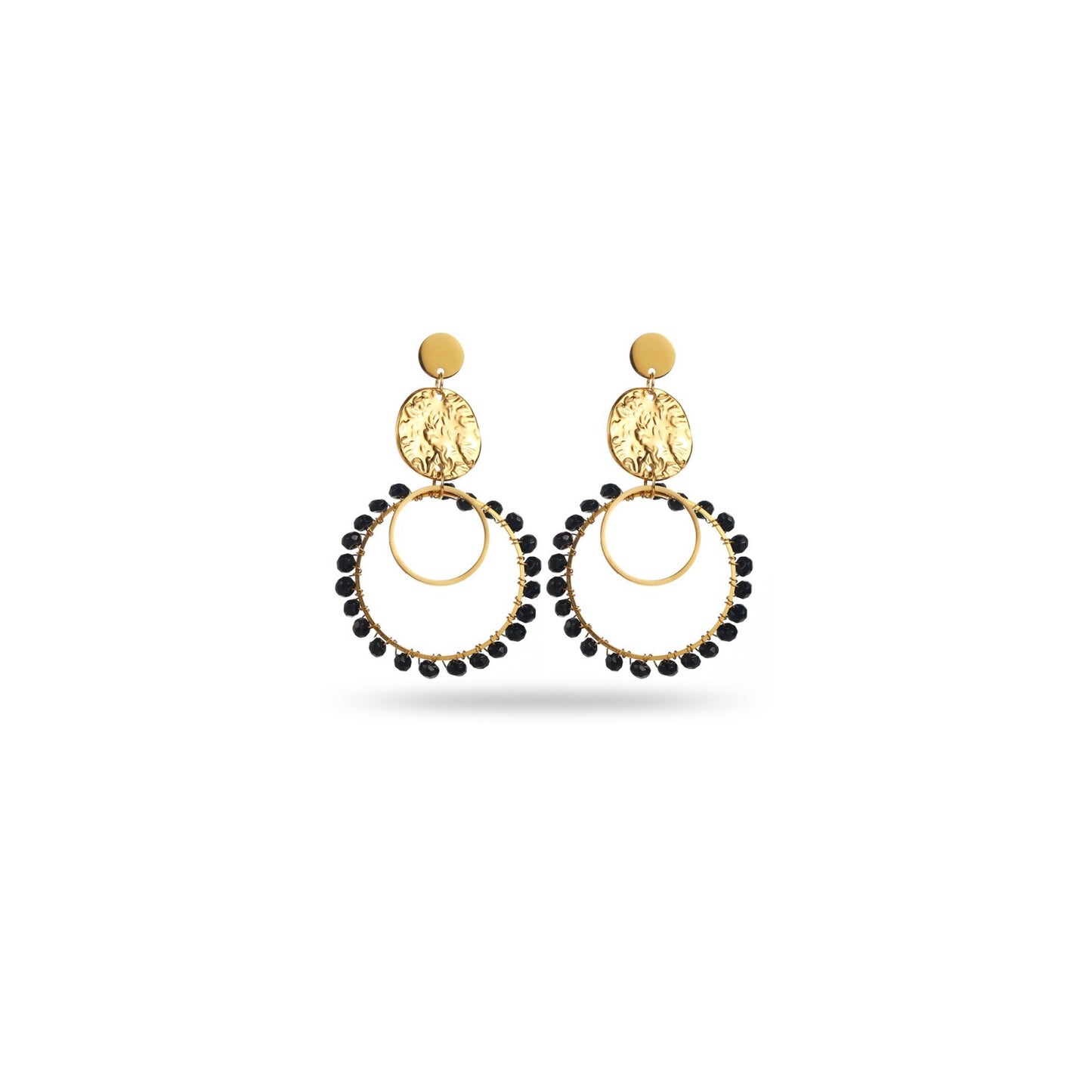Boucles d'oreilles - Anneaux superposés - Acier inoxidable & onyx - Noir & doré