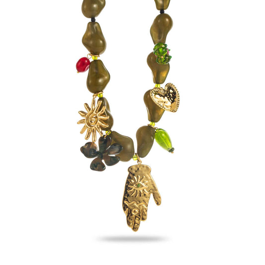 Collier à breloques - Main de Fatma - Doré & Vert